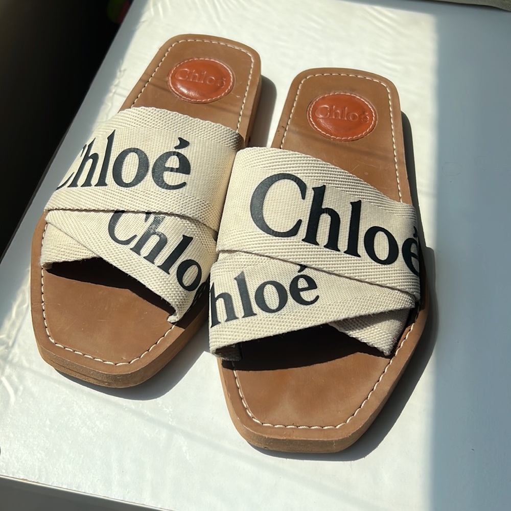 Chloe Woody Flat Logo Ribbon Slide Sandals, size 36